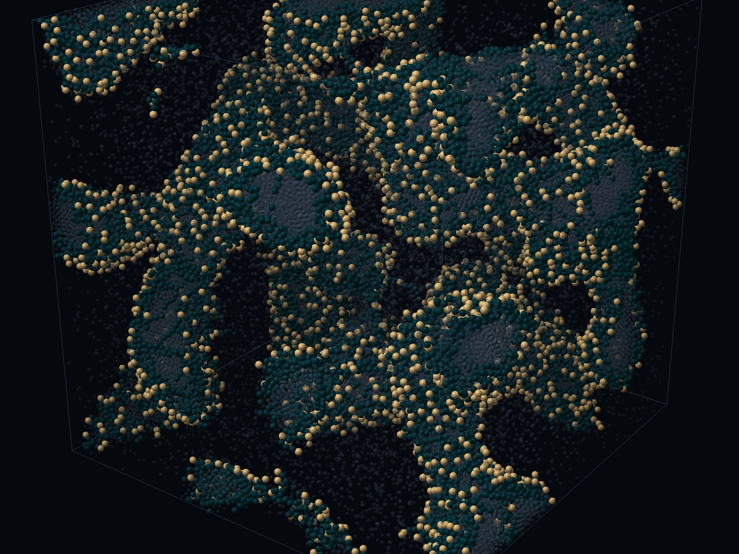 A cube of simulated particles with one tangled sheet running through it